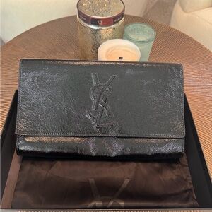 Saint Laurent Black Patent Leather YSL Fold-Over Clutch